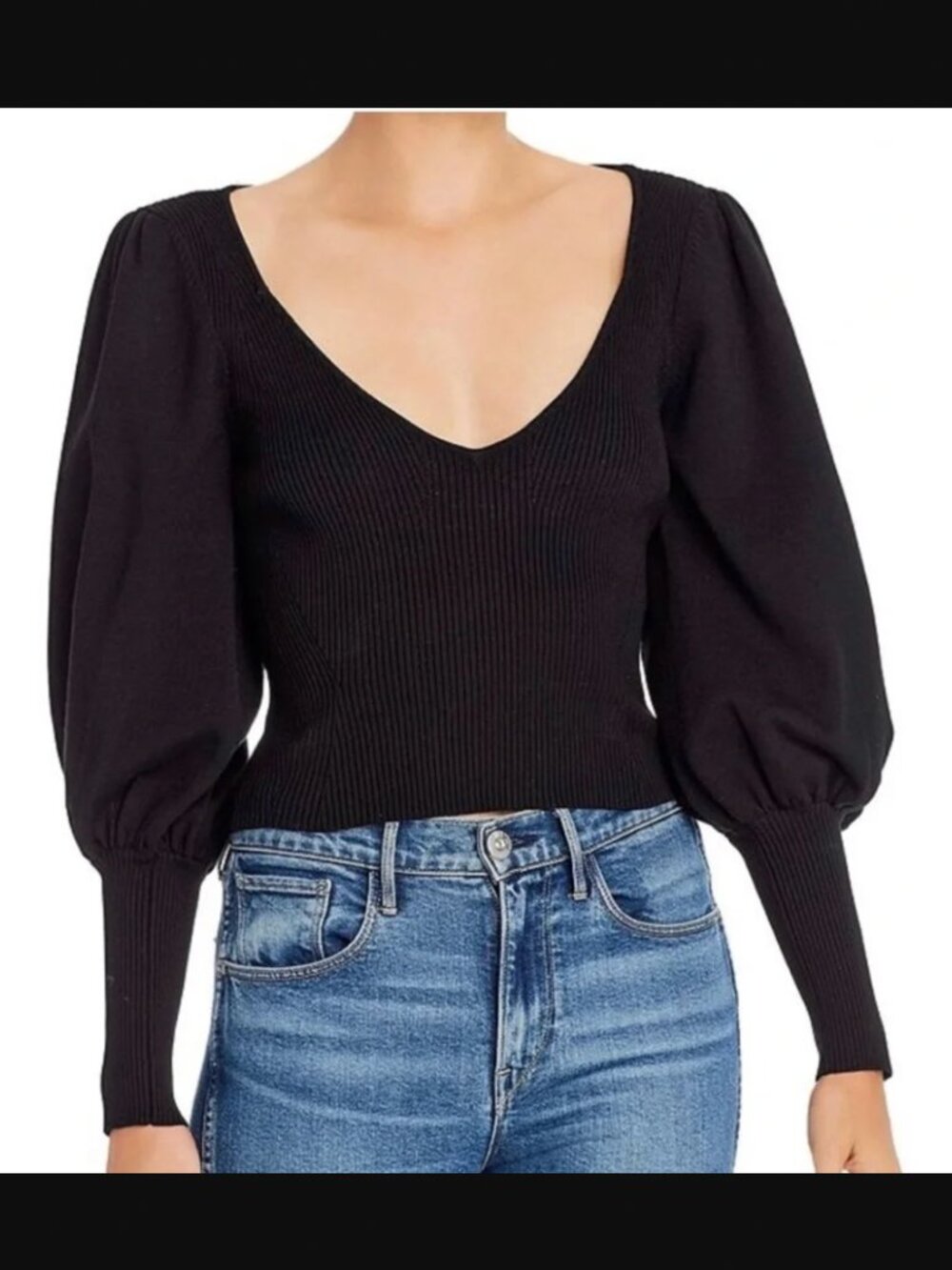 $278 Ronny Kobo Black Knit Ribbed Puff Sleeve Slim Tegan Sweater size XS